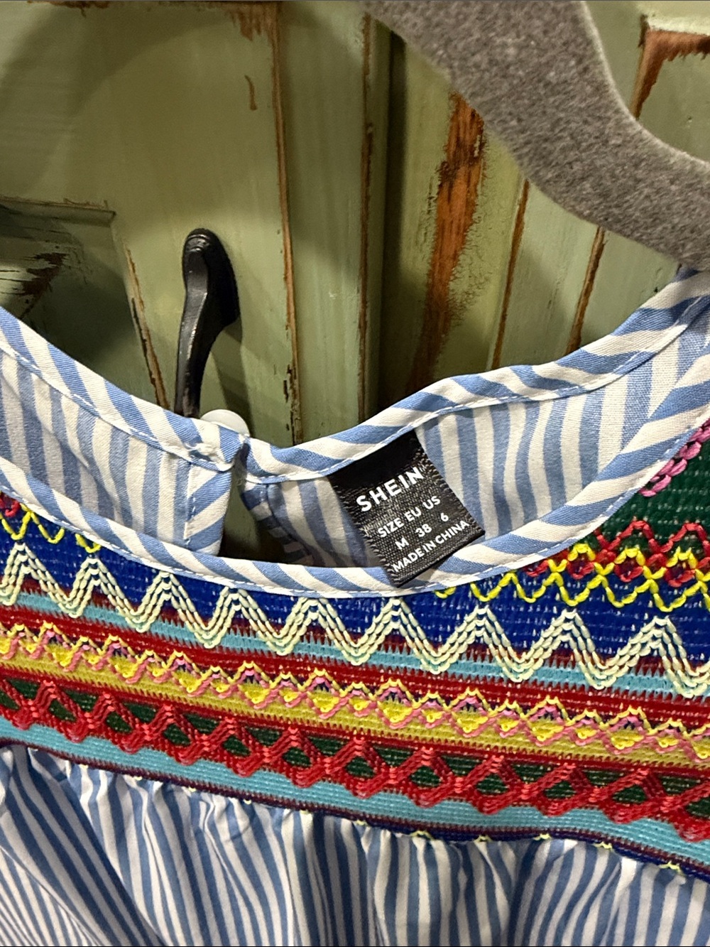 SHEIN Blue & Multicolor Embroidered Striped Top - Picture 2 of 6